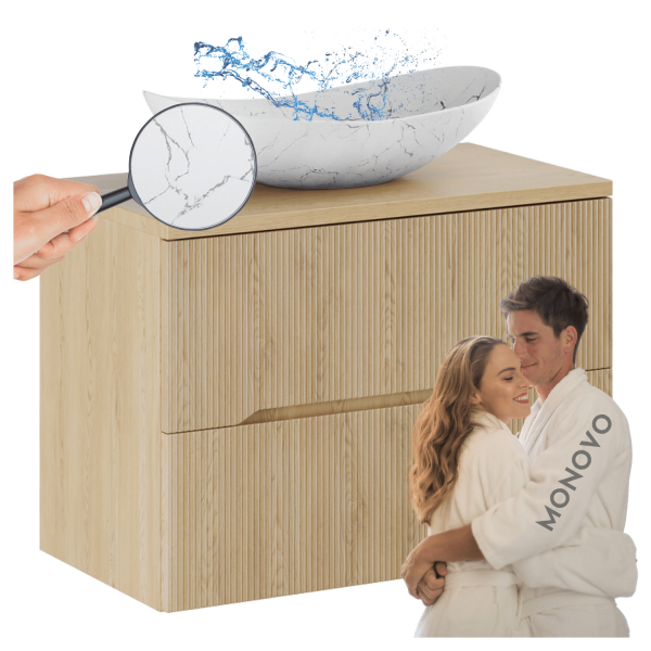 Szafka Dąb Cremona do Łazienki Ryflowana 80 cm z Blatem i Umywalką LENA Marmur NORDIC CREMONA COMAD