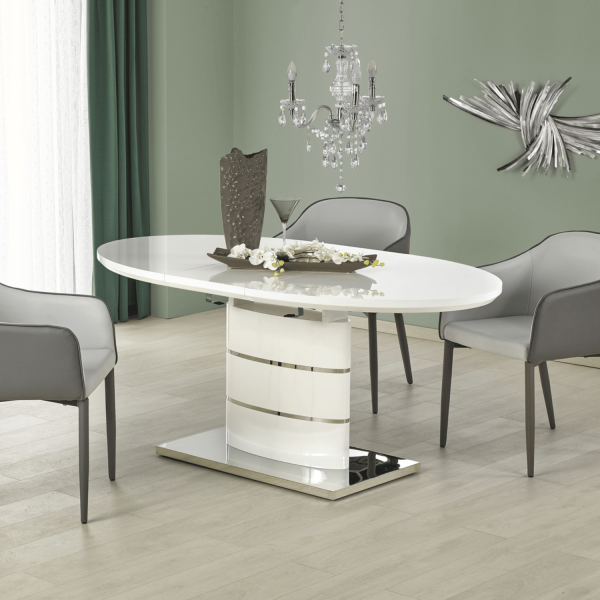 Owalny Biały Stół Rozkładany do Salonu Glamour 140-180x90 cm Biały Połysk ASPEN Halmar