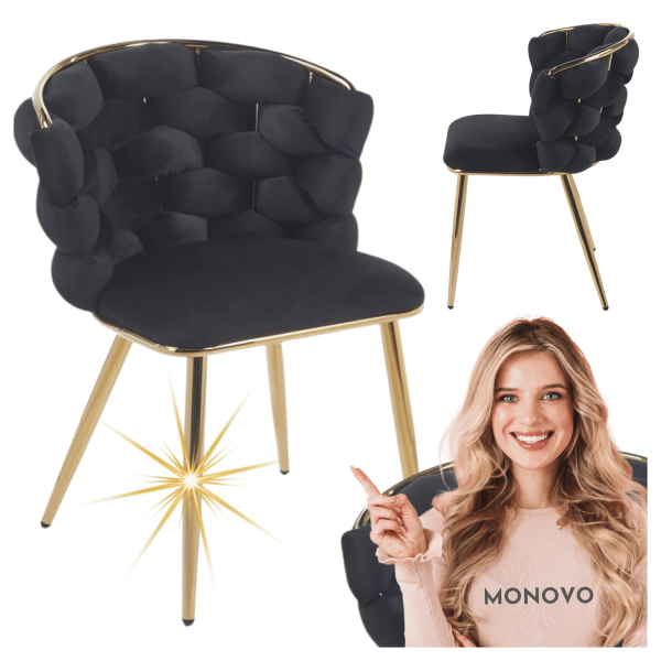 Czarne Krzesło Tapicerowane Welurowe Pikowane do Jadalni Salonu Złote Nogi Chromowane Glamour Velvet Warkocz PLOTI