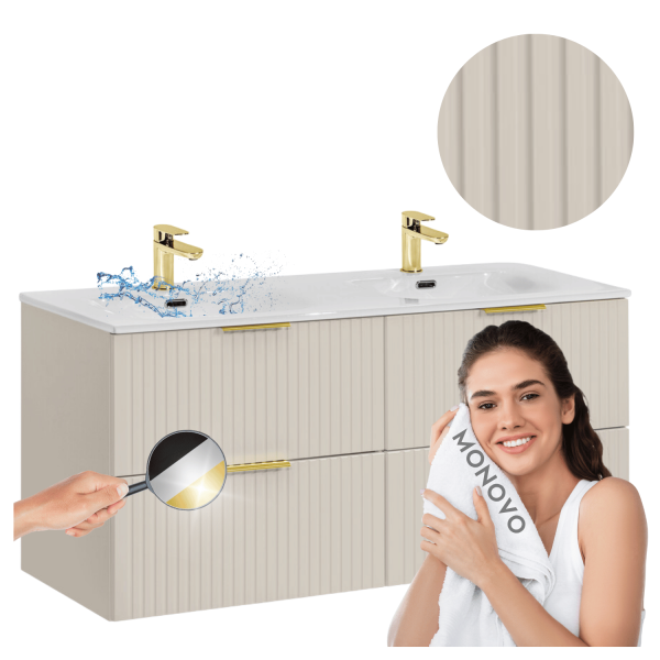Szafka z Umywalką Wpuszczaną 120 cm Nowoczesna z Szufladami Podwójna Ryflowana Beż ADEL CASHMERE Comad