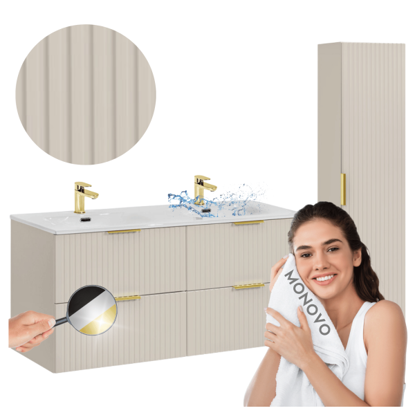 Nowoczesne Meble Łazienkowe 120 cm Podwójne z Umywalką do Łazienki Ryflowany Beżowy ADEL CASHMERE Comad