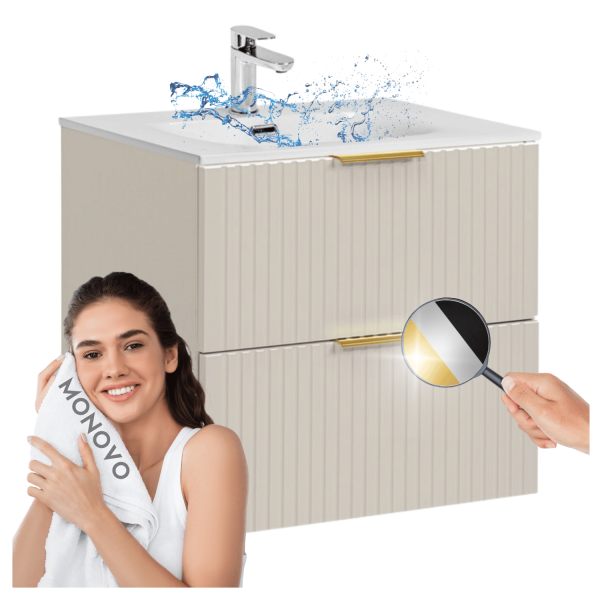Łazienkowa Szafka z Umywalką Wpuszczaną 60 cm Ryflowana z Szufladami Nowoczesna Beżowa ADEL CASHMERE Comad