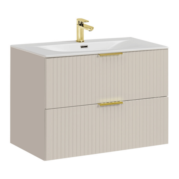 Szafka z Umywalką Wpuszczaną 80 cm Nowoczesny Beż Ryflowana z Szufladami ADEL CASHMERE Comad