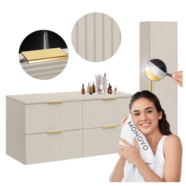Podwójna Szafka pod Umywalkę z Blatem 120 cm Słupek Łazienkowy Ryflowany Nowoczesny Beżowy ADEL CASHMERE Comad
