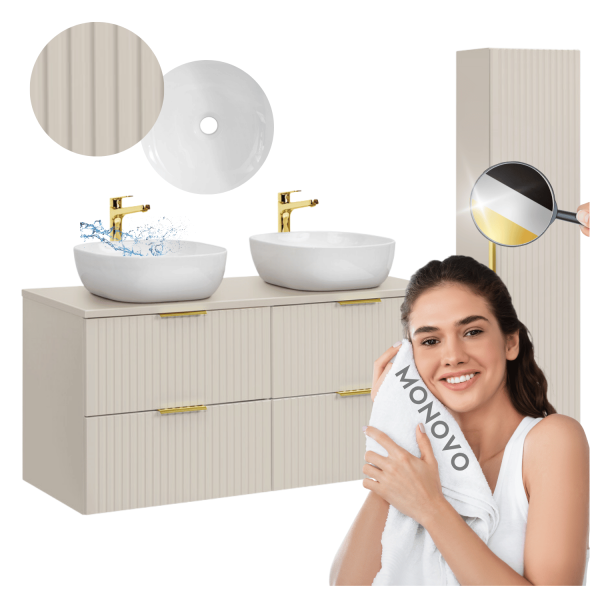 Zestaw Mebli Łazienkowych 120 cm Ryflowany z Umywalką Nowoczesny Beżowy Mat ADEL CASHMERE Comad