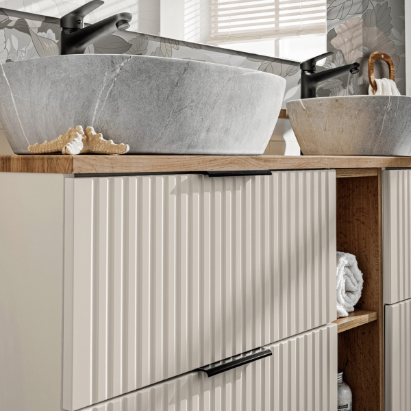 Zestaw Mebli Łazienkowych 120 cm Ryflowany z Umywalką Nowoczesny Beżowy Mat ADEL CASHMERE Comad