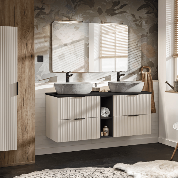 Zestaw Mebli Łazienkowych 120 cm Ryflowany z Umywalką Nowoczesny Beżowy Mat ADEL CASHMERE Comad