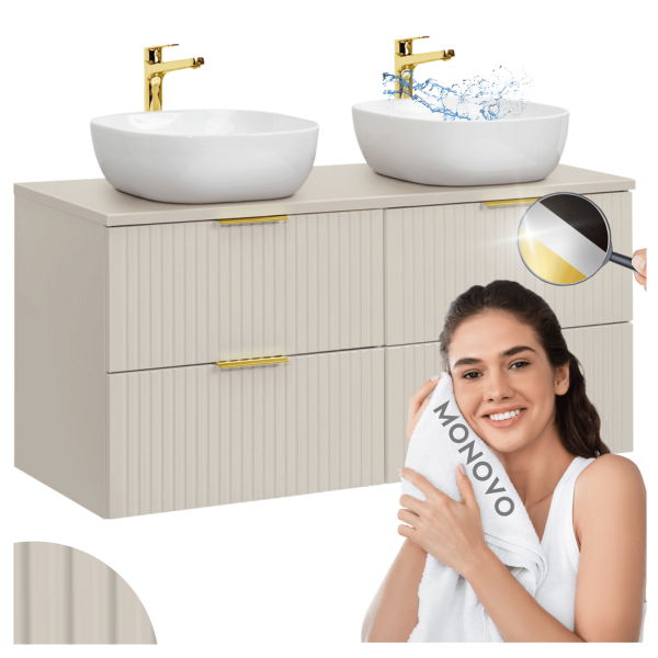 Podwójna Szafka z Umywalką Nablatową 120 cm Ryflowana z Szufladami Nowoczesny Beż ADEL CASHMERE Comad