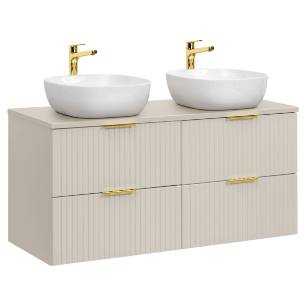 Podwójna Szafka z Umywalką Nablatową 120 cm Ryflowana z Szufladami Nowoczesny Beż ADEL CASHMERE Comad