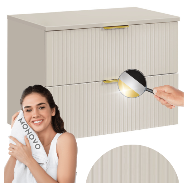 Ryflowana Szafka pod Umywalkę z Blatem 80 cm Nowoczesna Łazienkowa z Szufadami Beżowa ADEL CASHMERE Comad
