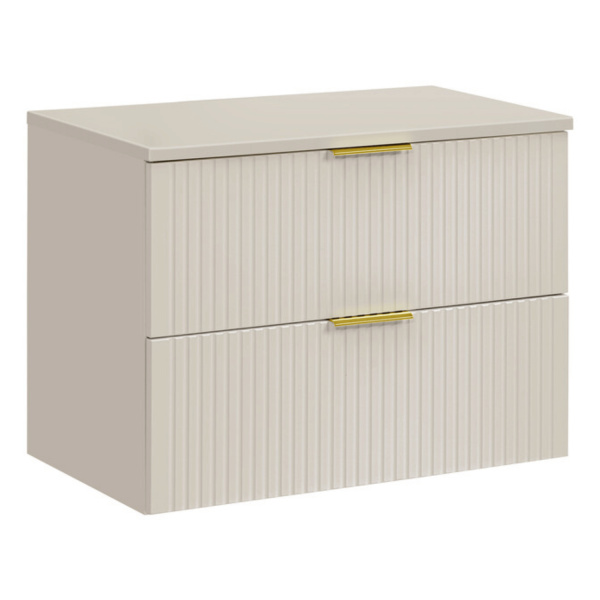 Ryflowana Nowoczesna Szafka z Umywalką Nablatową 80 cm do Łazienki z Szufladami Beżowy ADEL CASHMERE Comad