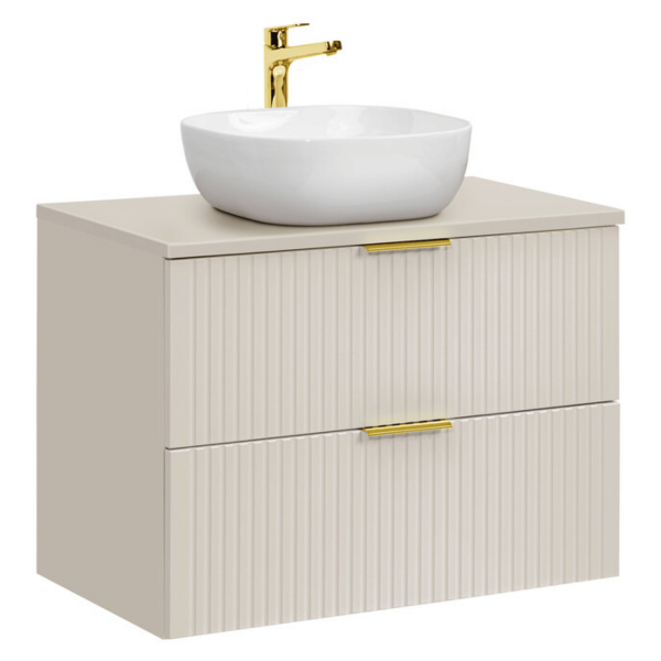 Ryflowana Nowoczesna Szafka z Umywalką Nablatową 80 cm do Łazienki z Szufladami Beżowy ADEL CASHMERE Comad