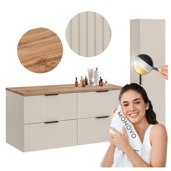 Zestaw Nowoczesnych Ryflowanych Mebli do Łazienki 120 cm Beżowy Mat z Słupkiem ADEL CASHMERE COMAD