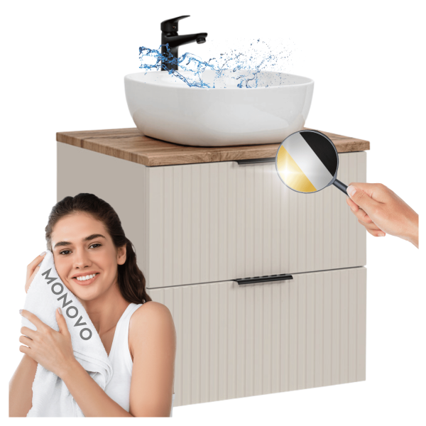 Szafka z Umywalką Nablatową 60 cm do Łazienki Loft Dąb Wotan z Szufladami Ryflowana Beżowa ADEL CASHMERE Comad