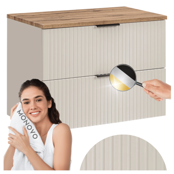 Szafka pod Umywalkę z Blatem 80 cm Ryflowana Łazienkowa Loft Dąb Wotan z Szufladami Beżowy ADEL CASHMERE Comad