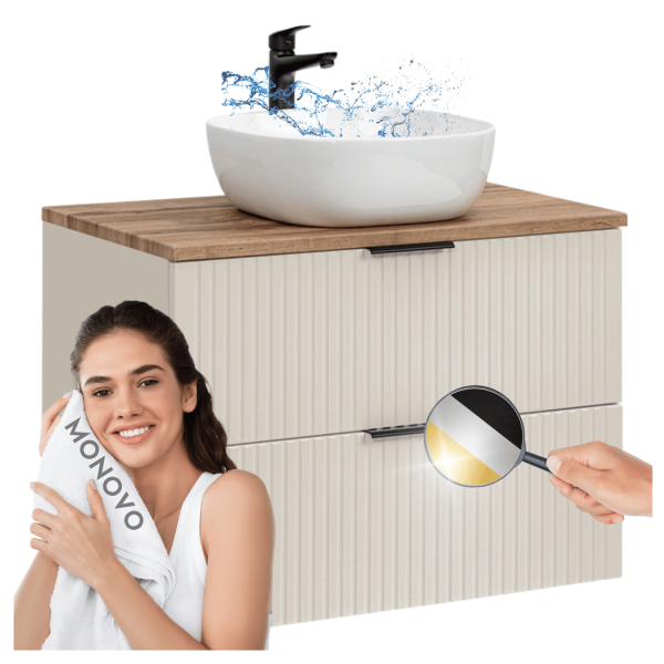 Szafka z Umywalką Nablatową 80 cm Łazienkowa Dąb Wotan Ryflowana z Szufladami Beżowa ADEL CASHMERE Comad