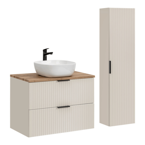 Meble Łazienkowe Zestaw 80 cm Ryflowany do Łazienki Dąb Wotan z Umywalką Beżowy ADEL CASHMERE Comad