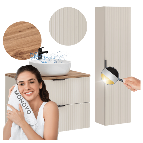 Meble Łazienkowe Zestaw 80 cm Ryflowany do Łazienki Dąb Wotan z Umywalką Beżowy ADEL CASHMERE Comad