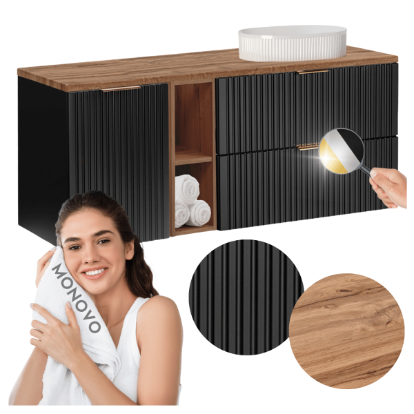Szafka Łazienkowa z Regałem Matowa Czarna 140 cm z Umywalką Beyond ADEL BLACK COMAD