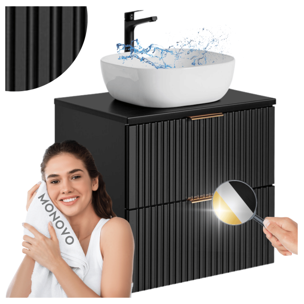 Nowoczesna Czarna Szafka z Umywalką 60 cm Ryflowana Loft ADEL BLACK Comad