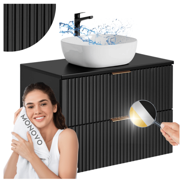 Ryflowana Czarna Szafka z Umywalką 80 cm Nowoczesna z Szufladami Matowa ADEL BLACK Comad