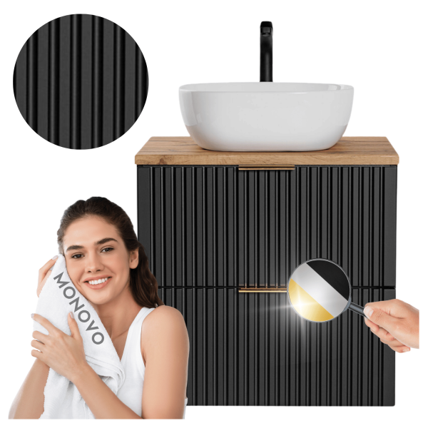 Szafka Ryflowana z Umywalką Nablatową 60 cm do Łazienki Glamour Dąb Wotan Czarny Mat ADEL BLACK COMAD