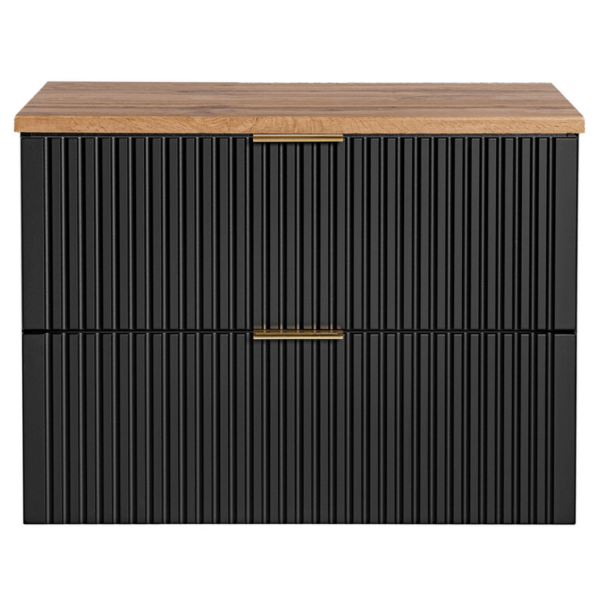 Wisząca Szafka z Blatem do Łazienki Glamour 80 cm Ryflowana Czarna Mat Dąb Wotan ADEL BLACK COMAD
