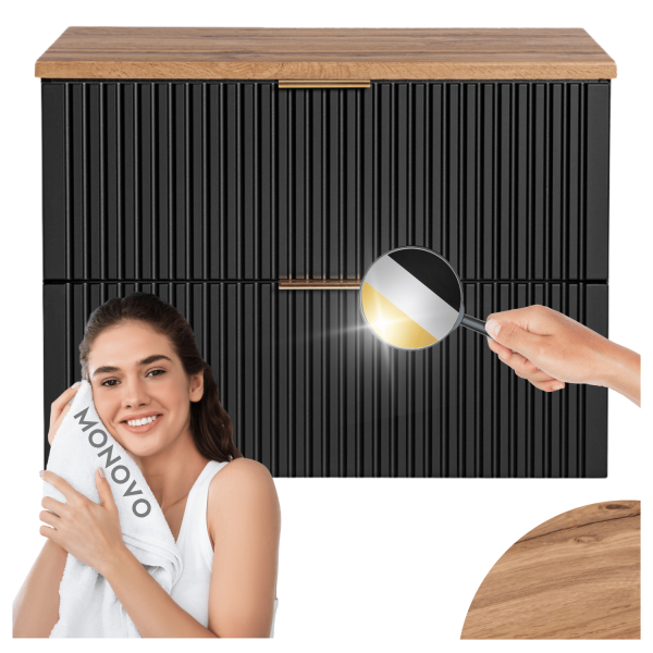Wisząca Szafka z Blatem do Łazienki Glamour 80 cm Ryflowana Czarna Mat Dąb Wotan ADEL BLACK COMAD