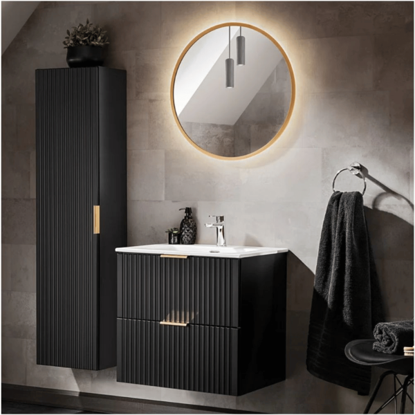 Wisząca Szafka z Blatem do Łazienki Glamour 80 cm Ryflowana Czarna Mat Dąb Wotan ADEL BLACK COMAD
