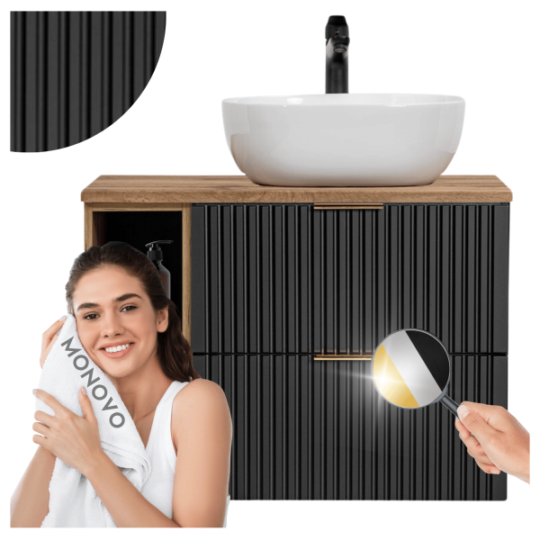 Wisząca Szafka z Umywalką 80 cm Nablatowa Ryflowana z Szufladami Dąb Wotan Nowoczesny Mat ADEL BLACK Comad