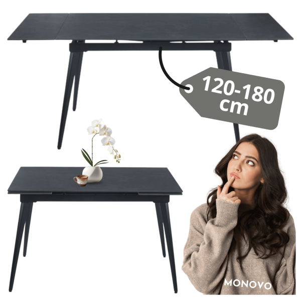 Nowoczesny Stół Rozkładany do Jadalni Grafitowy Mat Czarny 120-180x80 cm PLUM