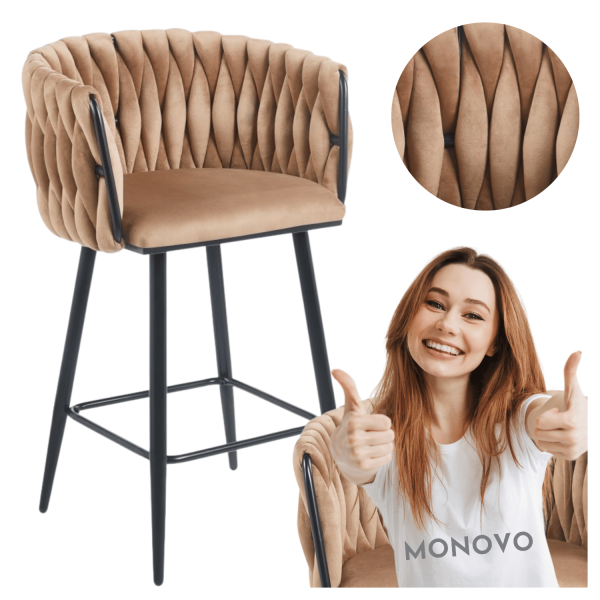Plecione Krzesło Barowe do Blatu w Kuchni Glamour Czarne Nogi Pleciony Welur Cappuccino Beż Hoker ROSALI