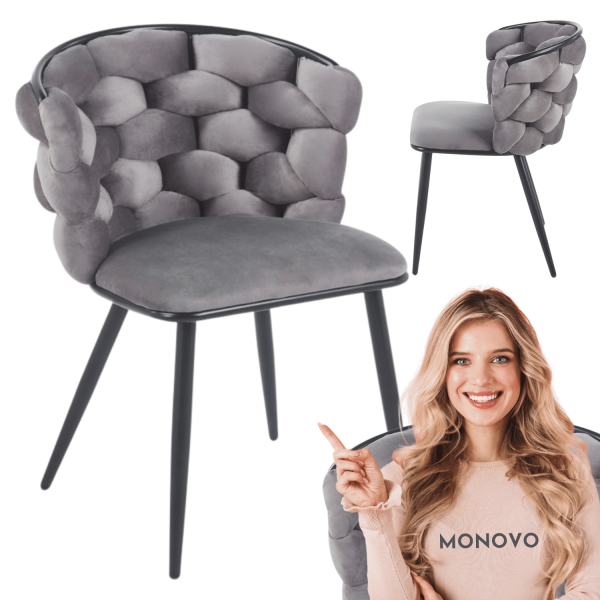 Krzesło Tapicerowane Welurowe Plecione do Jadalni Salonu Szare Popielate Metalowe Nogi Glamour Velvet Warkocz PLOTI 2