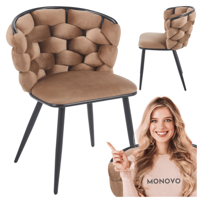 Krzesło Tapicerowane Welurowe Plecione do Jadalni Salonu Beż Cappuccino Metalowe Nogi Glamour Velvet Warkocz PLOTI 2