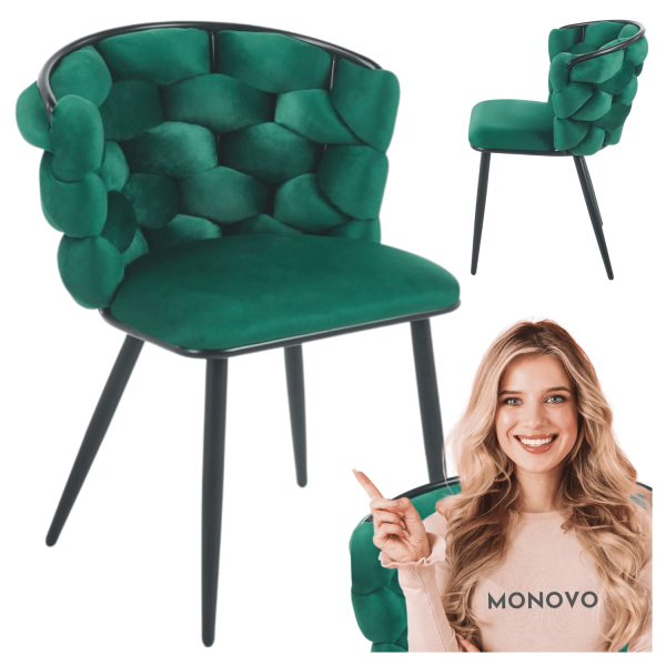 Krzesło Tapicerowane Welurowe Plecione do Jadalni Salonu Zielone Butelkowe Metalowe Nogi Glamour Velvet Warkocz PLOTI 2