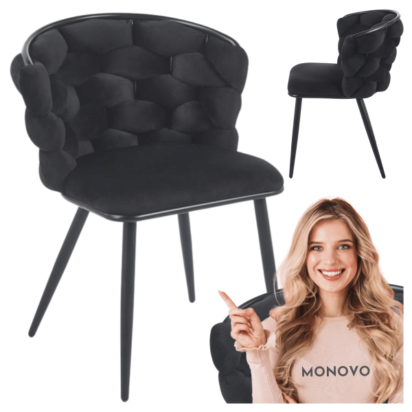 Krzesło Tapicerowane Welurowe Plecione do Jadalni Salonu Czarne Metalowe Nogi Glamour Velvet Warkocz PLOTI 2