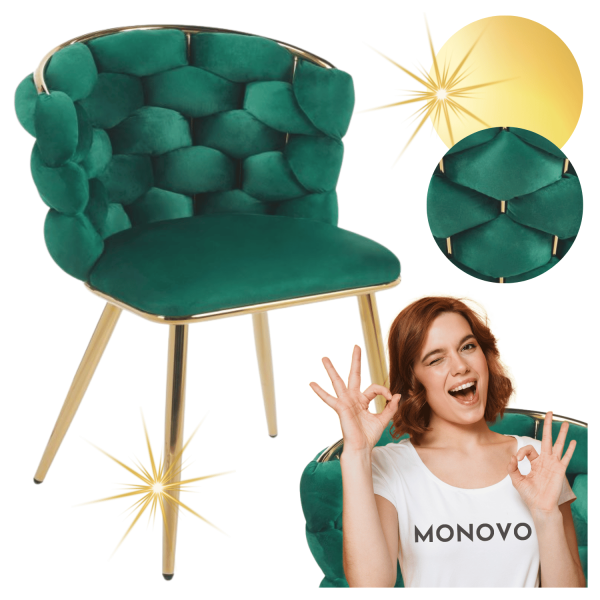 Tapicerowane Krzesło Welurowe Plecione do Jadalni Salonu Zielone Butelkowe Chromowane Złote Nogi Glamour Velvet Warkocz PLOTI