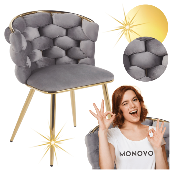 Tapicerowane Krzesło Welurowe Plecione do Jadalni Salonu Szare Popielate Chromowane Złote Nogi Glamour Velvet Warkocz PLOTI
