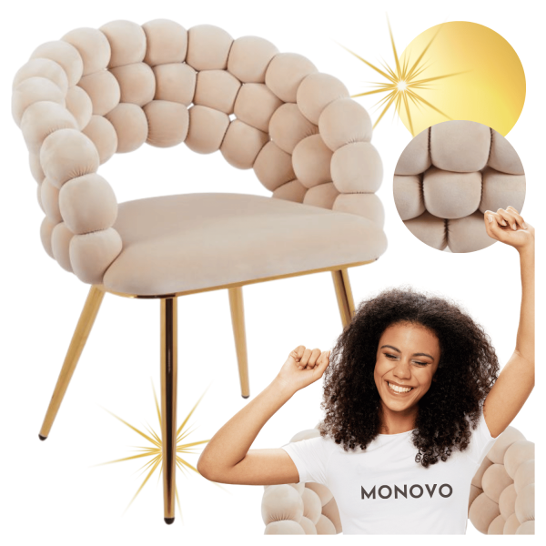 Nowoczesne Tapicerowane Krzesło Welurowe Glamour do Jadalni Salonu Beżowe Złote Nogi Velvet Plecione Oparcie BUBBLE