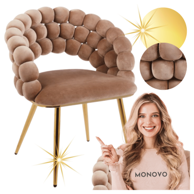 Tapicerowane Krzesło Welurowe Glamour do Jadalni Salonu Cappuccino Ciemny Beż Złote Nogi Velvet Plecione Oparcie BUBBLE