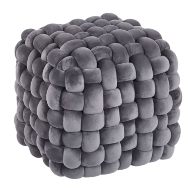 Mała Pufa Welurowa Tapicerowana do Salonu Pleciona Kostka 40x43 cm Kwadratowa Szara Puf Velvet KNOT