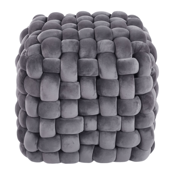 Mała Pufa Welurowa Tapicerowana do Salonu Pleciona Kostka 40x43 cm Kwadratowa Szara Puf Velvet KNOT