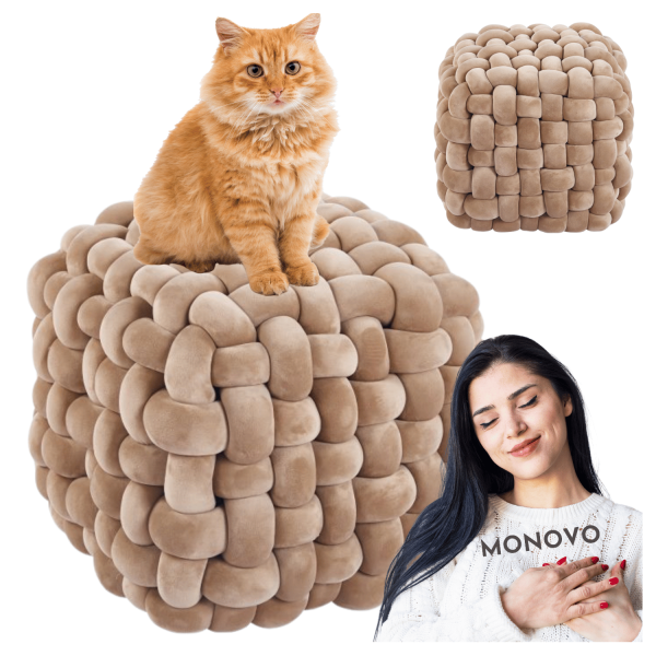 Mała Pufa Welurowa Tapicerowana do Salonu Pleciona Kostka 40x43 cm Kwadratowa Ciemny Beż Cappuccino Puf Velvet KNOT