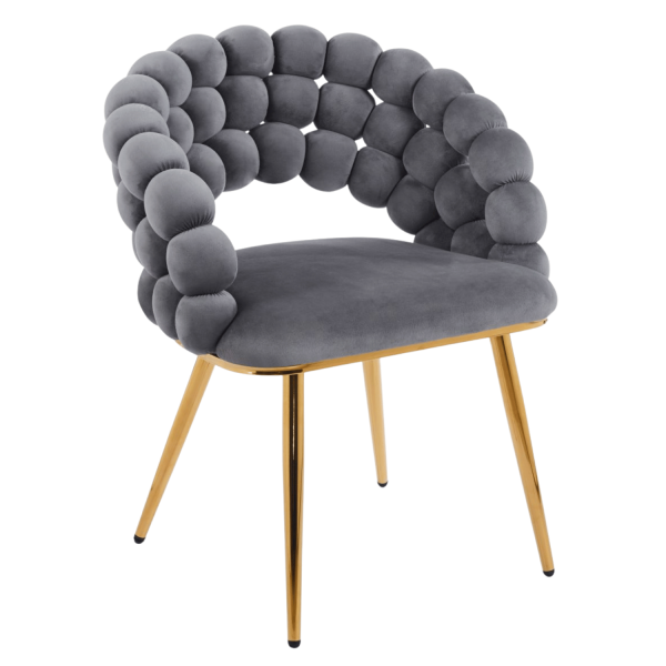Nowoczesne Krzesło Welurowe Glamour do Jadalni Salonu Szare Popielate Złote Nogi Velvet Plecione Oparcie BUBBLE