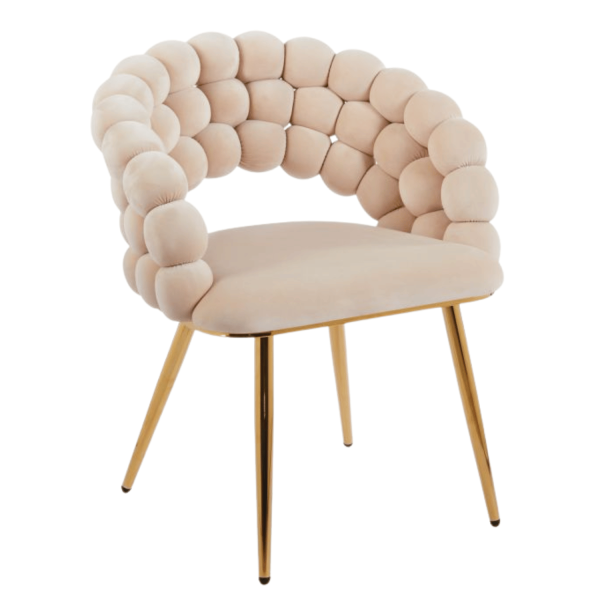 Nowoczesne Tapicerowane Krzesło Welurowe Glamour do Jadalni Salonu Beżowe Złote Nogi Velvet Plecione Oparcie BUBBLE