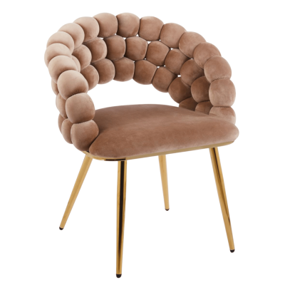 Tapicerowane Krzesło Welurowe Glamour do Jadalni Salonu Cappuccino Ciemny Beż Złote Nogi Velvet Plecione Oparcie BUBBLE