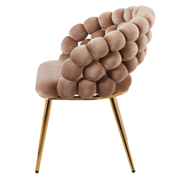 Tapicerowane Krzesło Welurowe Glamour do Jadalni Salonu Cappuccino Ciemny Beż Złote Nogi Velvet Plecione Oparcie BUBBLE