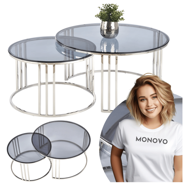 Zestaw 2 Stolików Kawowych do Salonu Glamour 2x Stolik Kawowy Okrągły Szklany Chrom Srebrny MERCURY Halmar