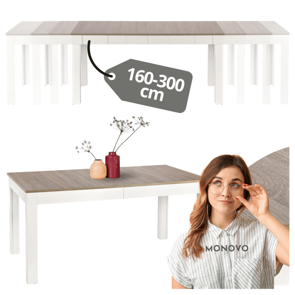 Duży Stół Rozkładany do Jadalni Salonu Prostokątny 160-300x90 cm Dąb Sonoma Biały SEWERYN Halmar
