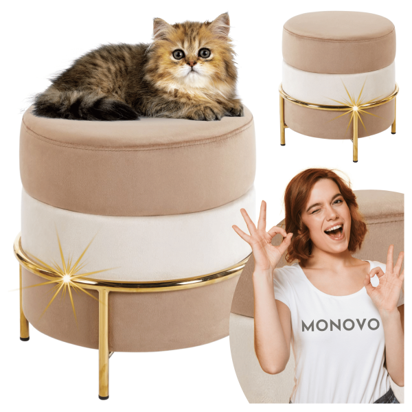 Pufa do Salonu Tapicerowana Welurowa Beżowa Cappuccino Velvet Glamour Złote Nogi Chrom SABRINA